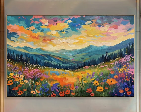 Abstract Colorful Mountain Landscape Textured Wall Art Sunshine Painting Hand Painted Vibrant Clouds Home Decor Unique Large Wall Art