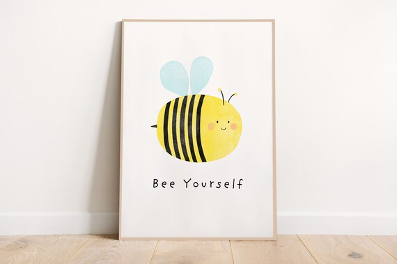 Bee Yourself Cute Watercolor Bee Nursery Wall Art for Kids Room