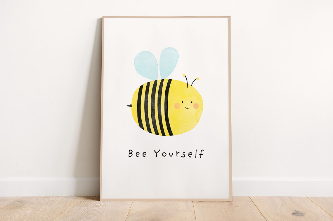 Bee Yourself Cute Watercolor Bee Nursery Wall Art for Kids Room