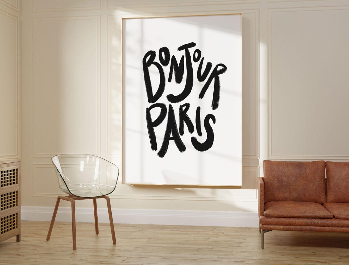 Bonjour Paris Black Brush Lettering French Typography Wall Art