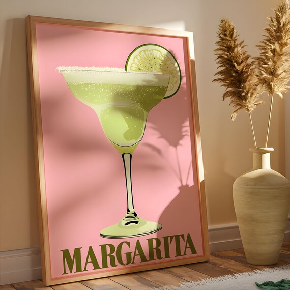 Margarita Cocktail Pink Background Lime Retro Bar Party Art Poster