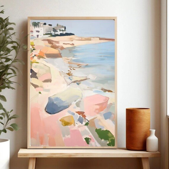 Coastal Abstract Landscape Rocky Beach Pastel Ocean Waves Poster