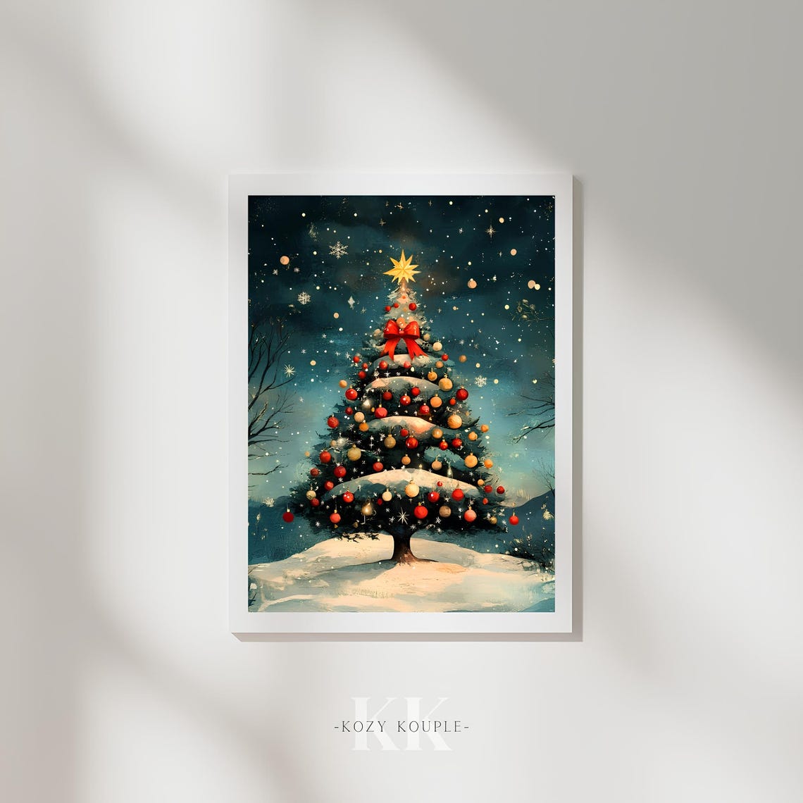 Snowy Christmas Tree With Red Ornaments Starry Night Wall Art - Image 2
