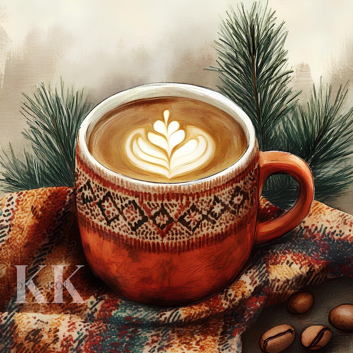 Cozy Nordic Latte Mug With Pine Sprigs Holiday Coffee Poster - Image 2
