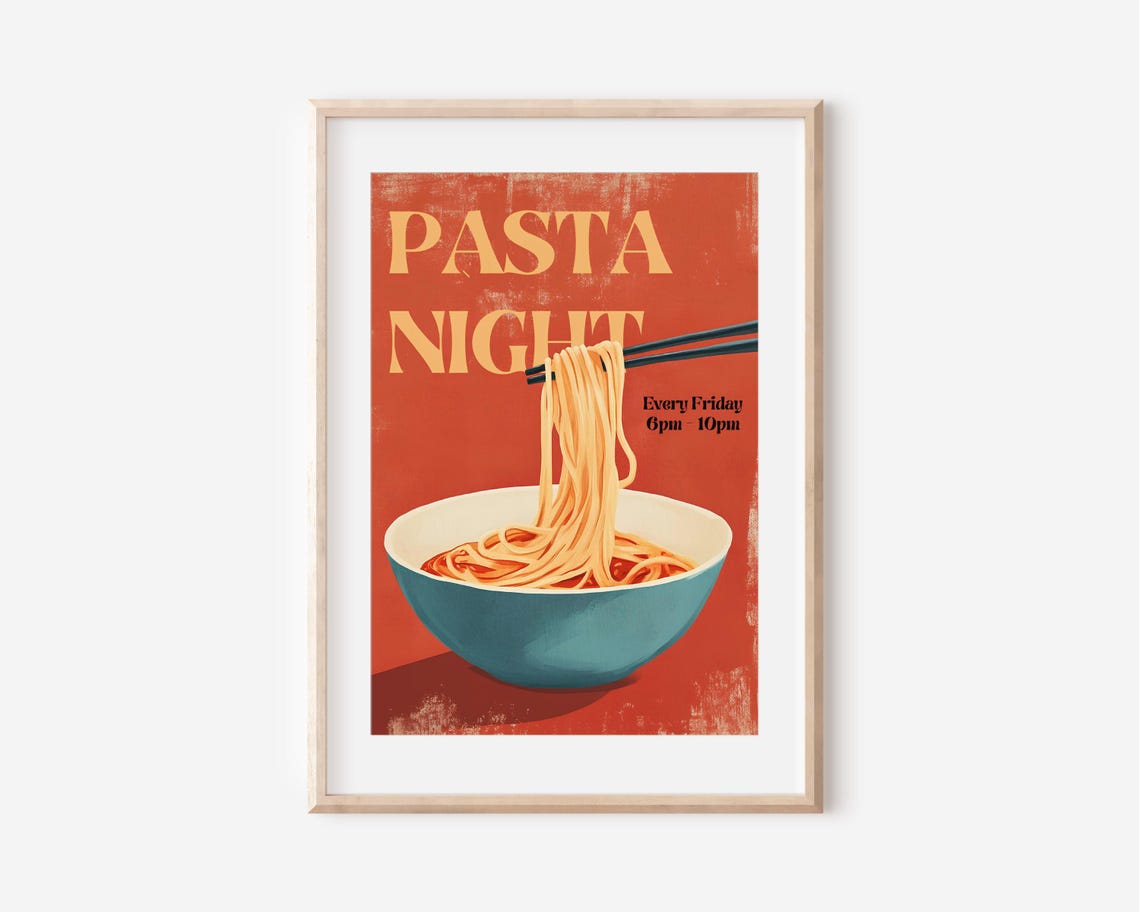 Pasta Night Every Friday Evening Retro Spaghetti Kitchen Poster
