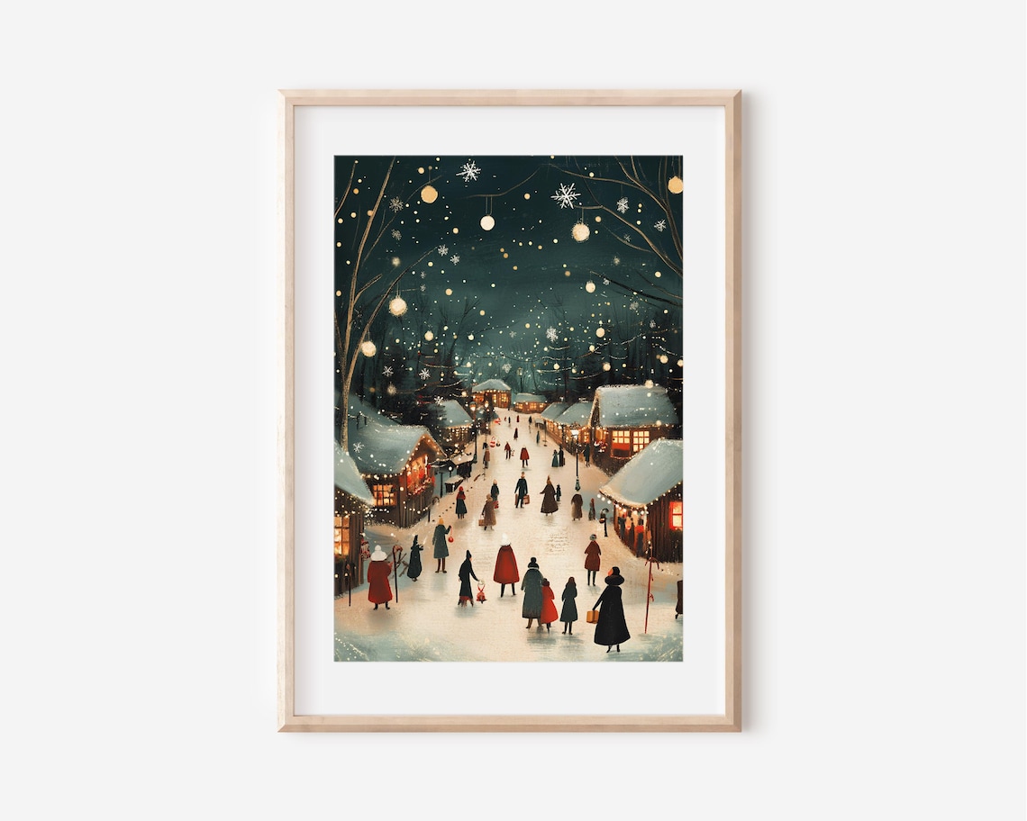 Vintage Christmas Market Night Snowy Street Lights Festive Wall Art