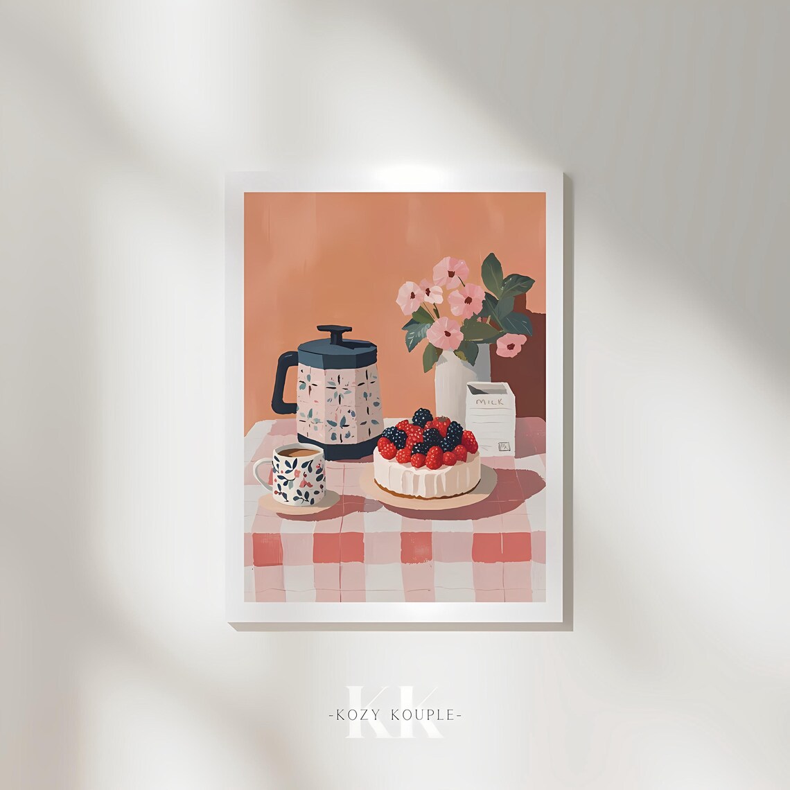 Coffee and Berry Cake Cozy Cafe Table Painting Still Life Wall Art - Image 4
