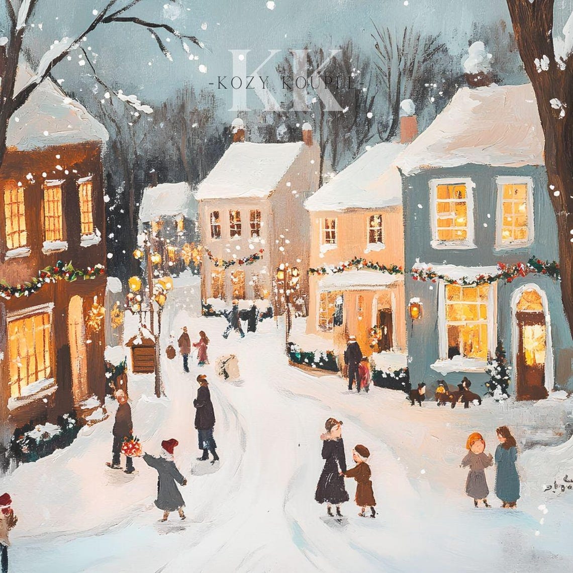 Snowy Village Winter Street Families and Glowing Windows Poster - Image 4