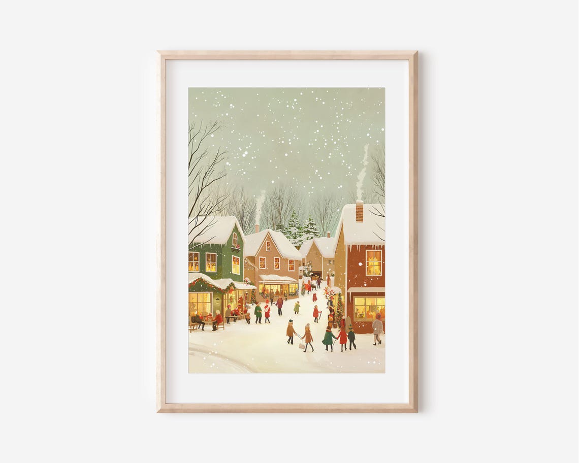 Snowy Village Street at Dusk Glowing Shops Falling Snow Poster