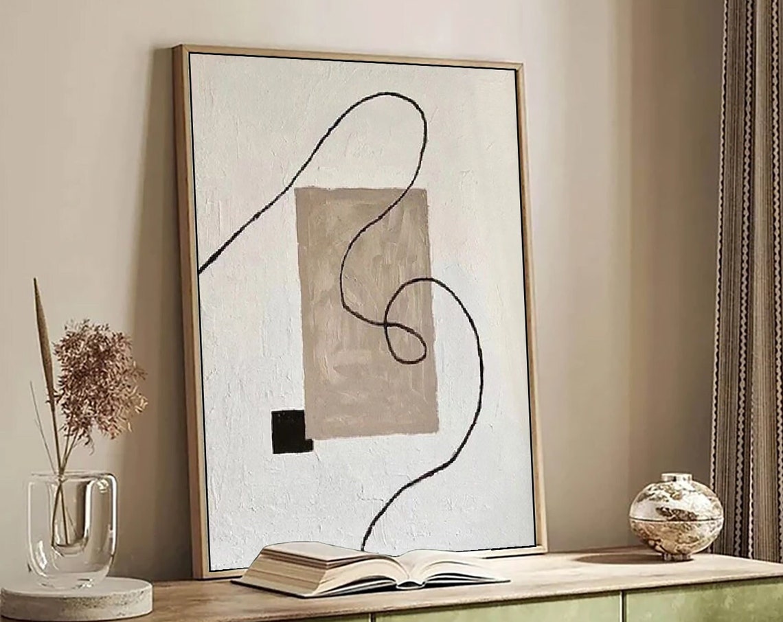 Minimalist Black Line Flow on White With Beige Block Abstract Poster