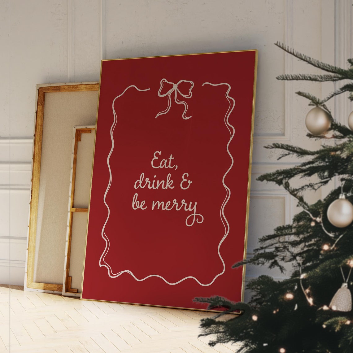Eat Drink Be Merry Red Script Bow Cream Christmas Holiday Wall Art - Image 3