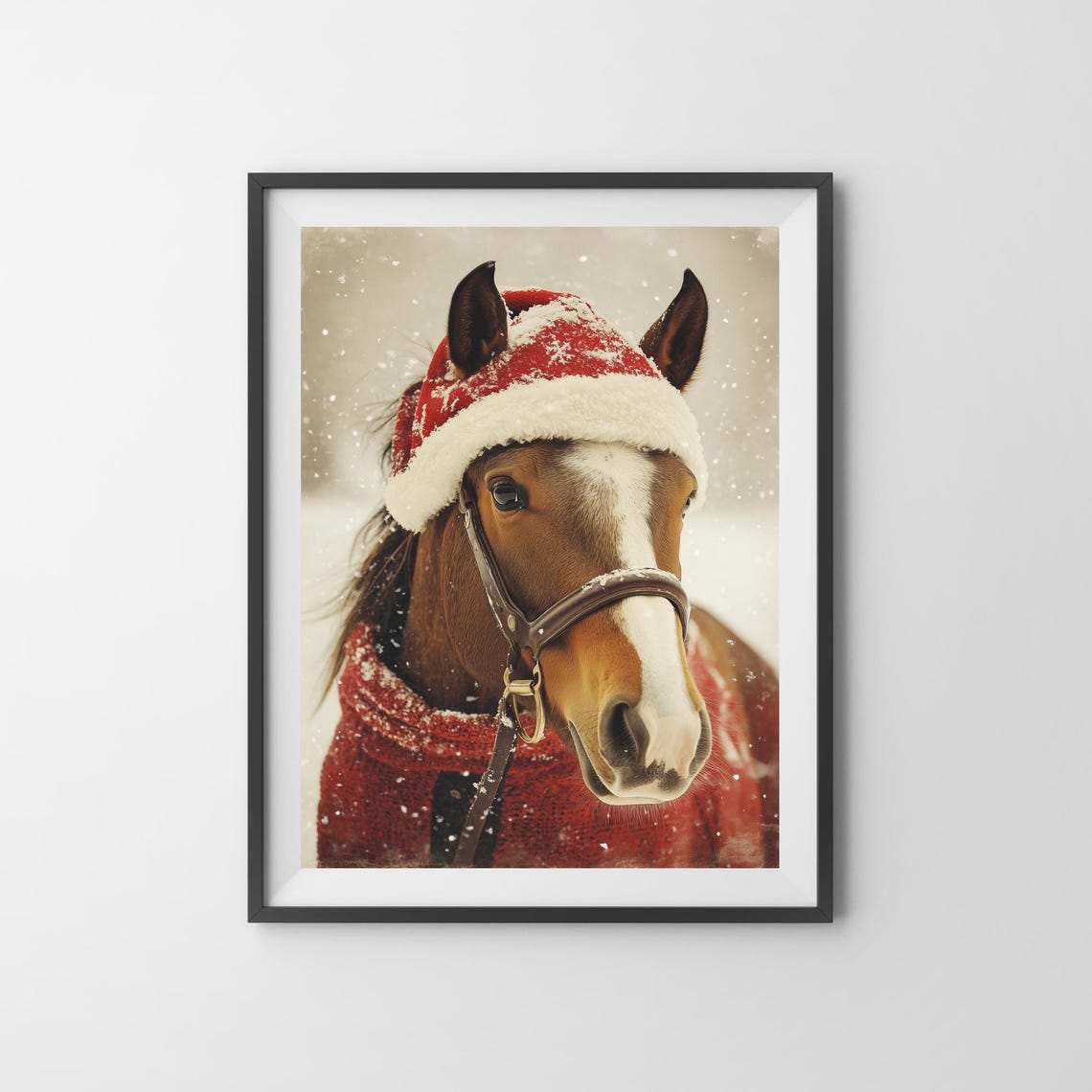 Horse in a Santa Hat and Red Coat in Snowfall Christmas Poster - Image 3