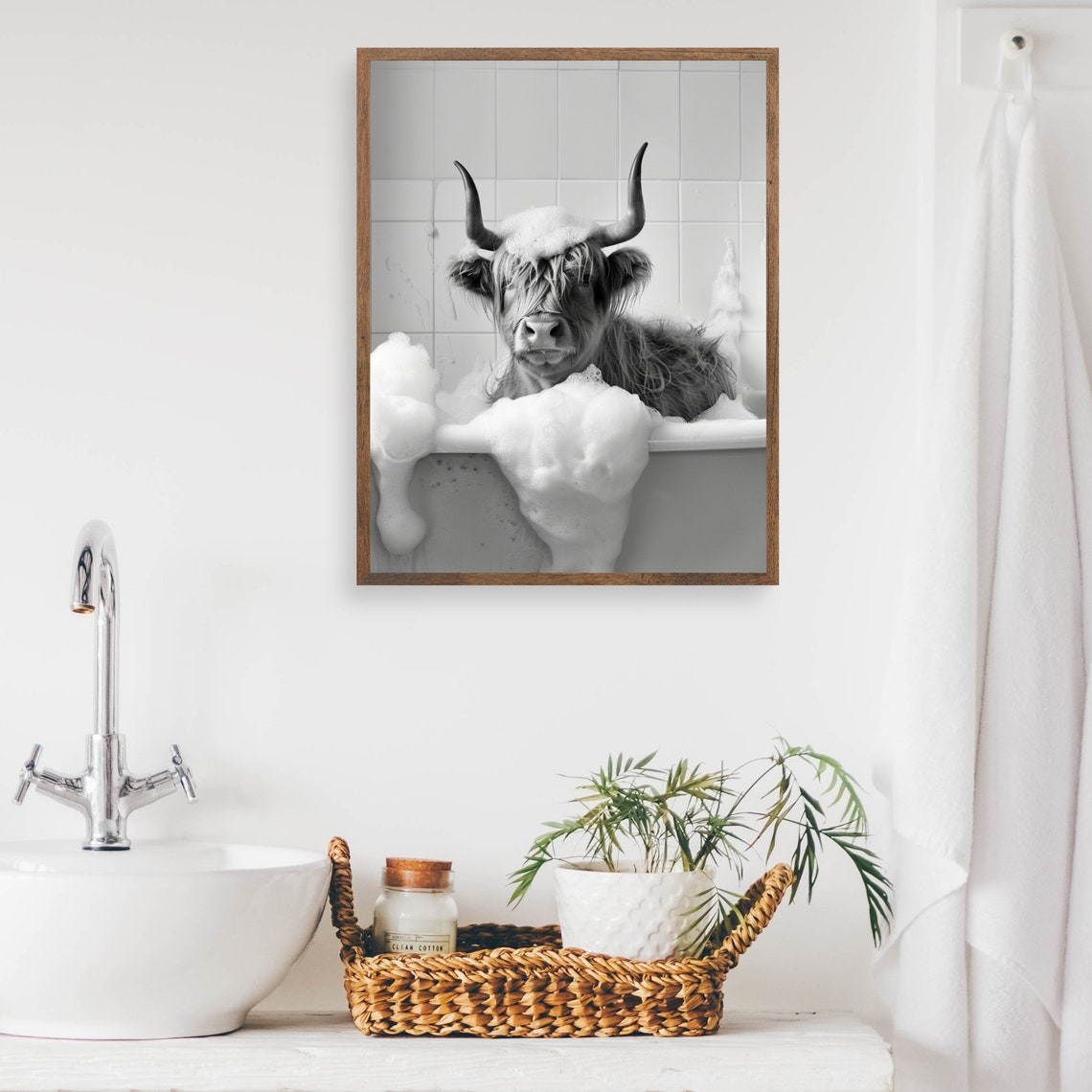 Highland Cow Enjoying a Bubble Bath With a Foam Hat Black White Poster - Image 2