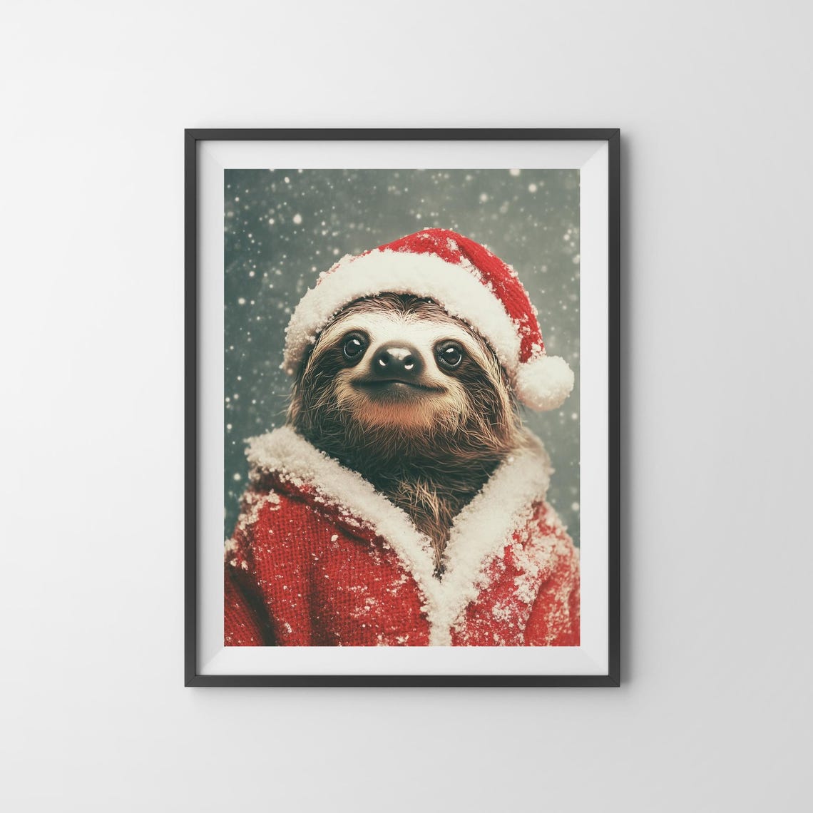 Sloth Wearing Santa Hat And Red Coat Festive Snowy Christmas Poster - Image 3