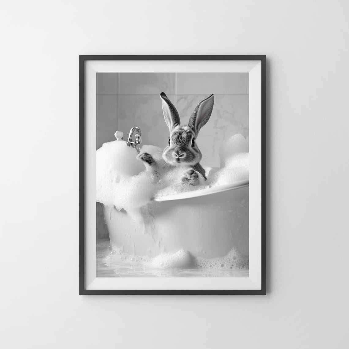Bunny Bubble Bath Cute Black And White Funny Animal Poster Art - Image 3
