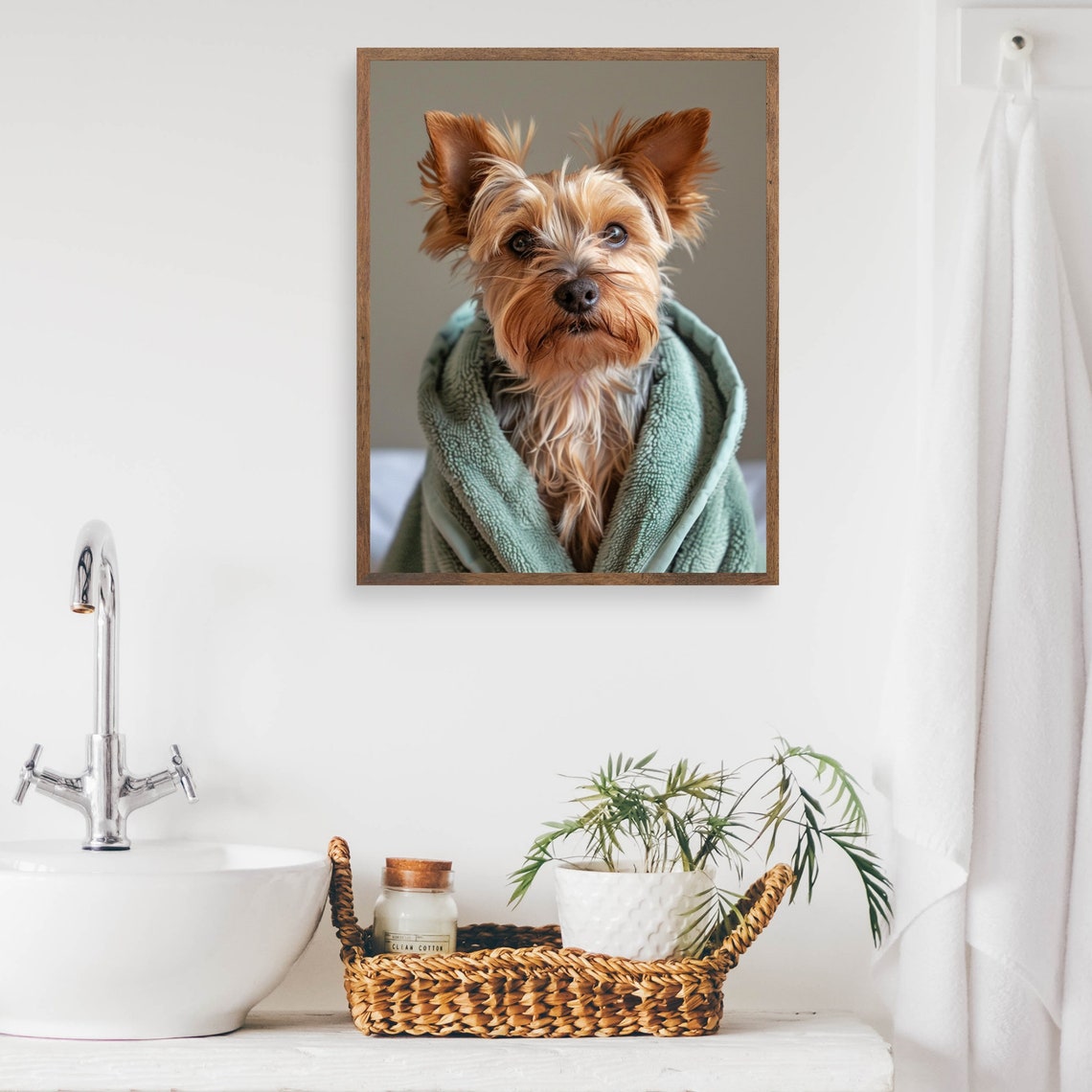 Cute Yorkshire Terrier Wrapped in Towel Spa Bathroom Wall Art - Image 2