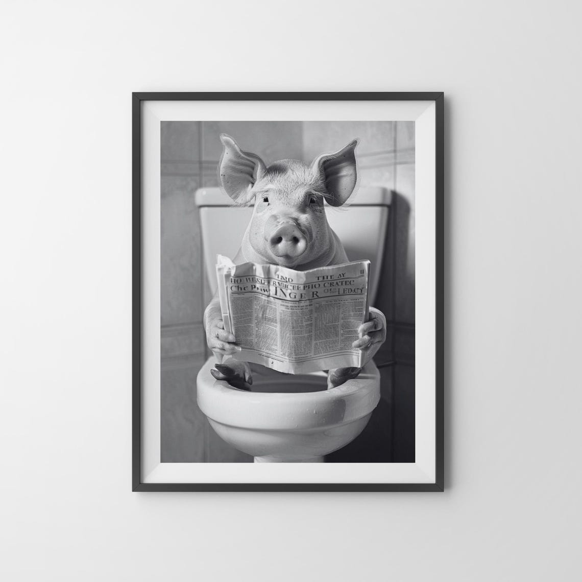 Pig Reading a Newspaper on the Toilet Black and White Bathroom Poster - Image 3