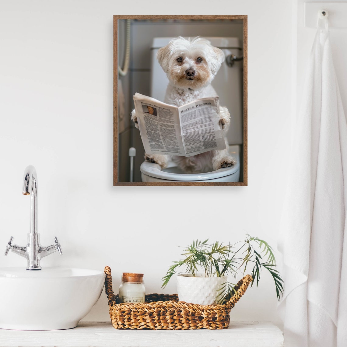 Sweet White Dog Reading Newspaper On The Toilet Bathroom Poster - Image 2