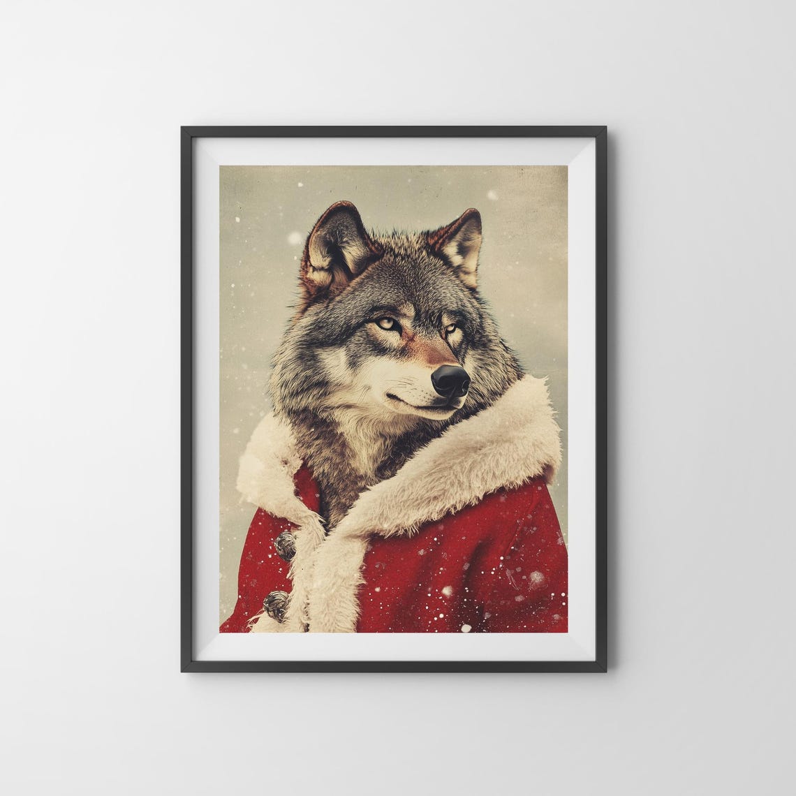Wolf Wearing a Red Santa Coat With White Fur Trim in the Snow Poster - Image 3