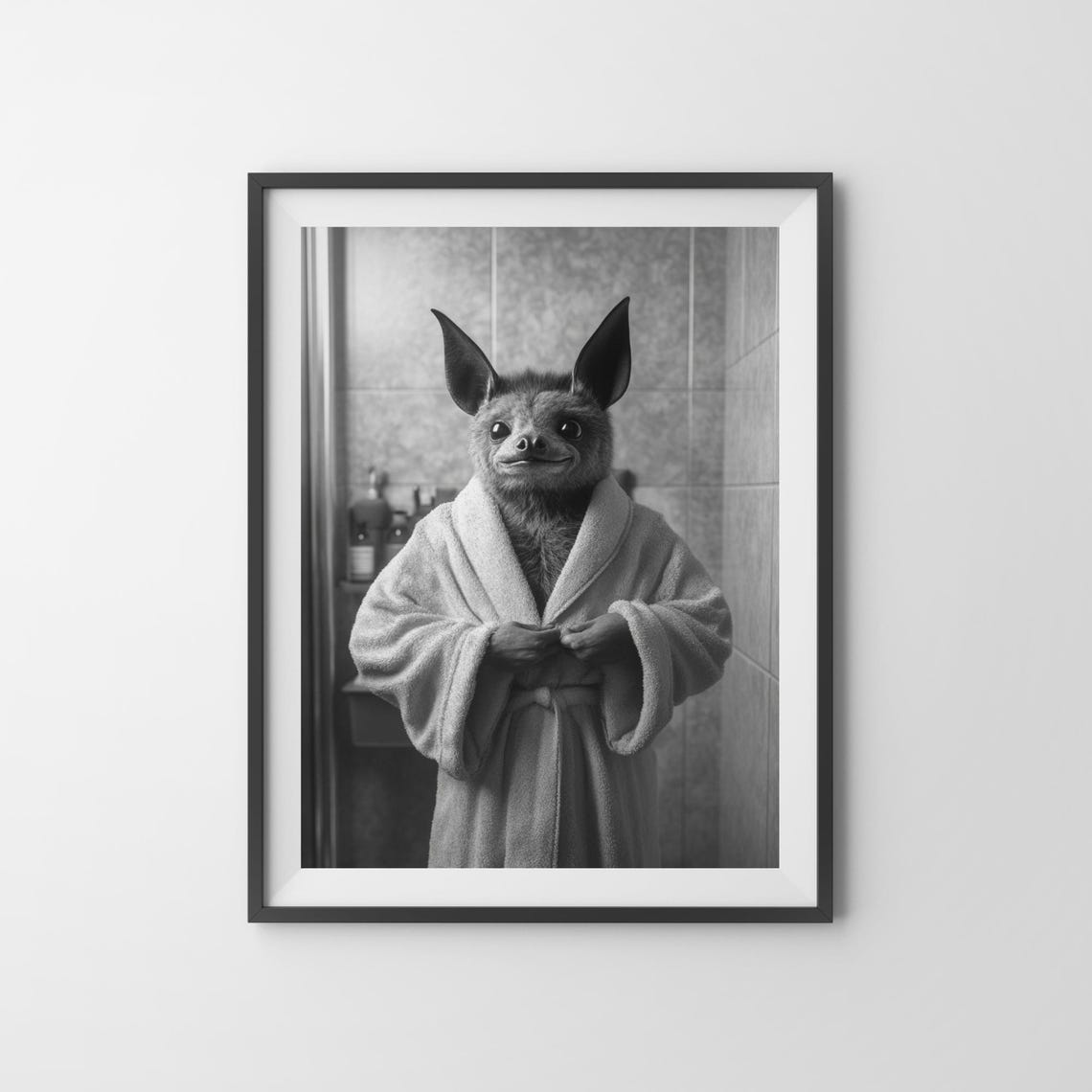 Bat Wearing a Bathrobe Standing in the Bathroom Black and White Poster - Image 3
