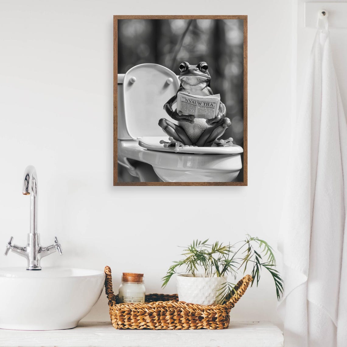 Frog Reading a Newspaper on the Toilet in Black and White Funny Poster - Image 2