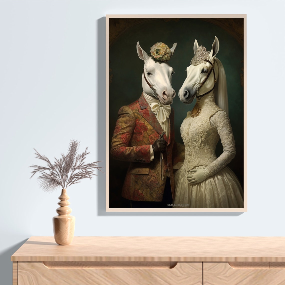 Aristocratic Horse Couple Vintage Horse Painting Funny Animal Wall Art Quirky Animal Art His And Hers Mr And Mrs Horse Renaissance Art - Image 2