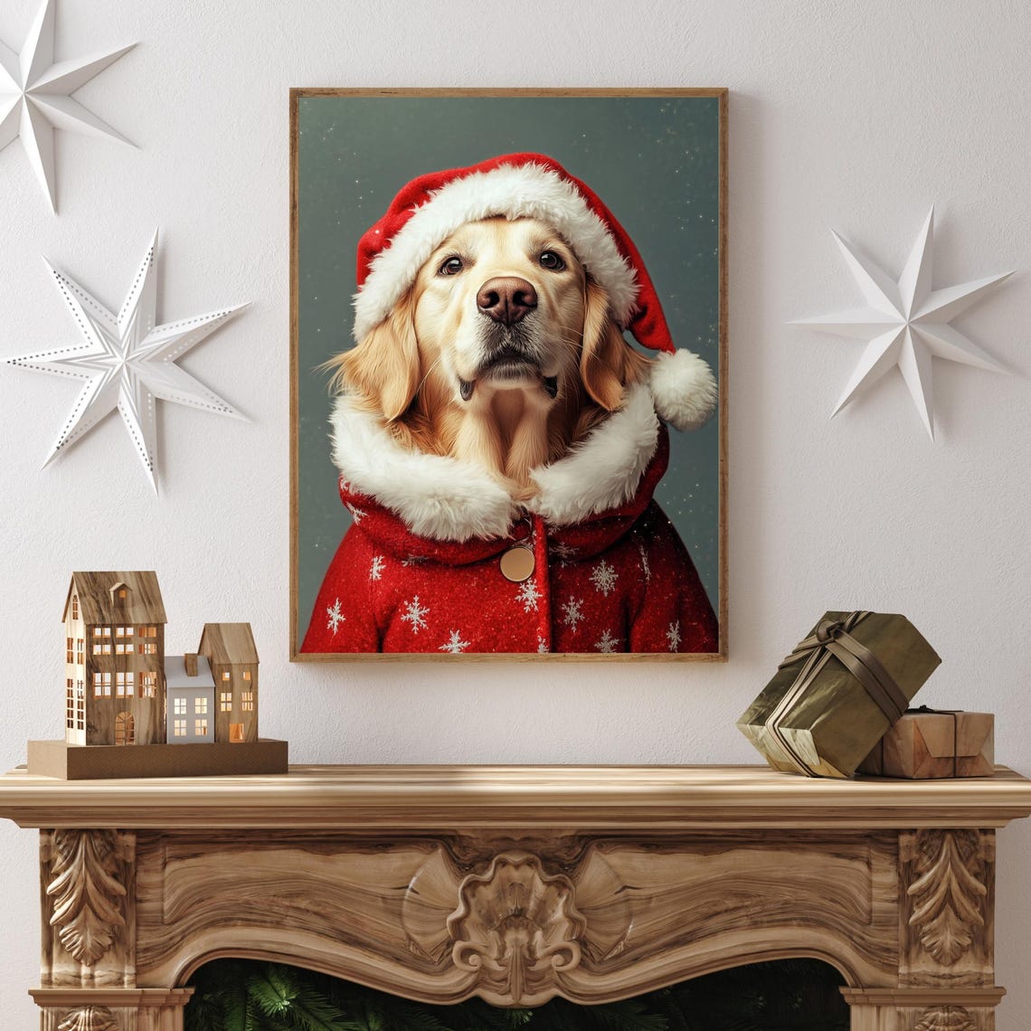 Golden Retriever In Christmas Clothes Holiday Dog Wall Art Funny Christmas Dog Print Cozy Winter Decor Goldie Lover Gift Holiday Print - Image 2