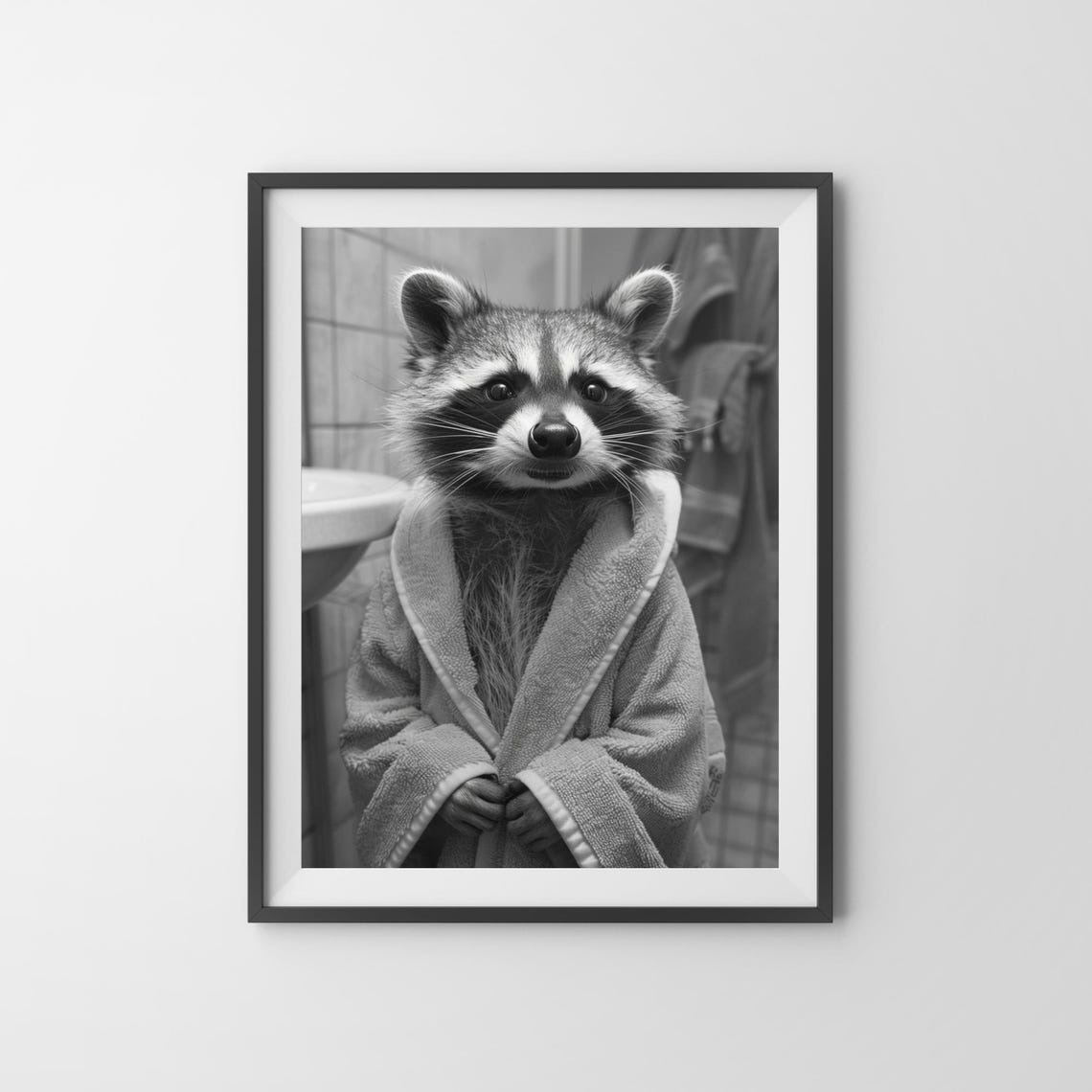 Raccoon in White Bathrobe Black and White Funny Bathroom Poster - Image 3