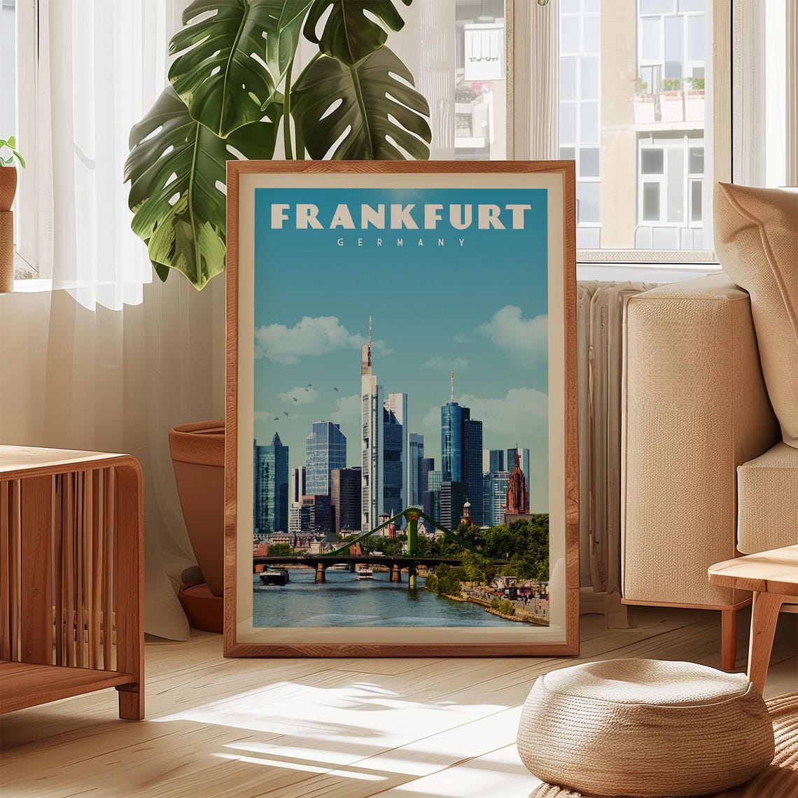 Frankfurt Germany Skyline Retro Travel Poster With River Bridge