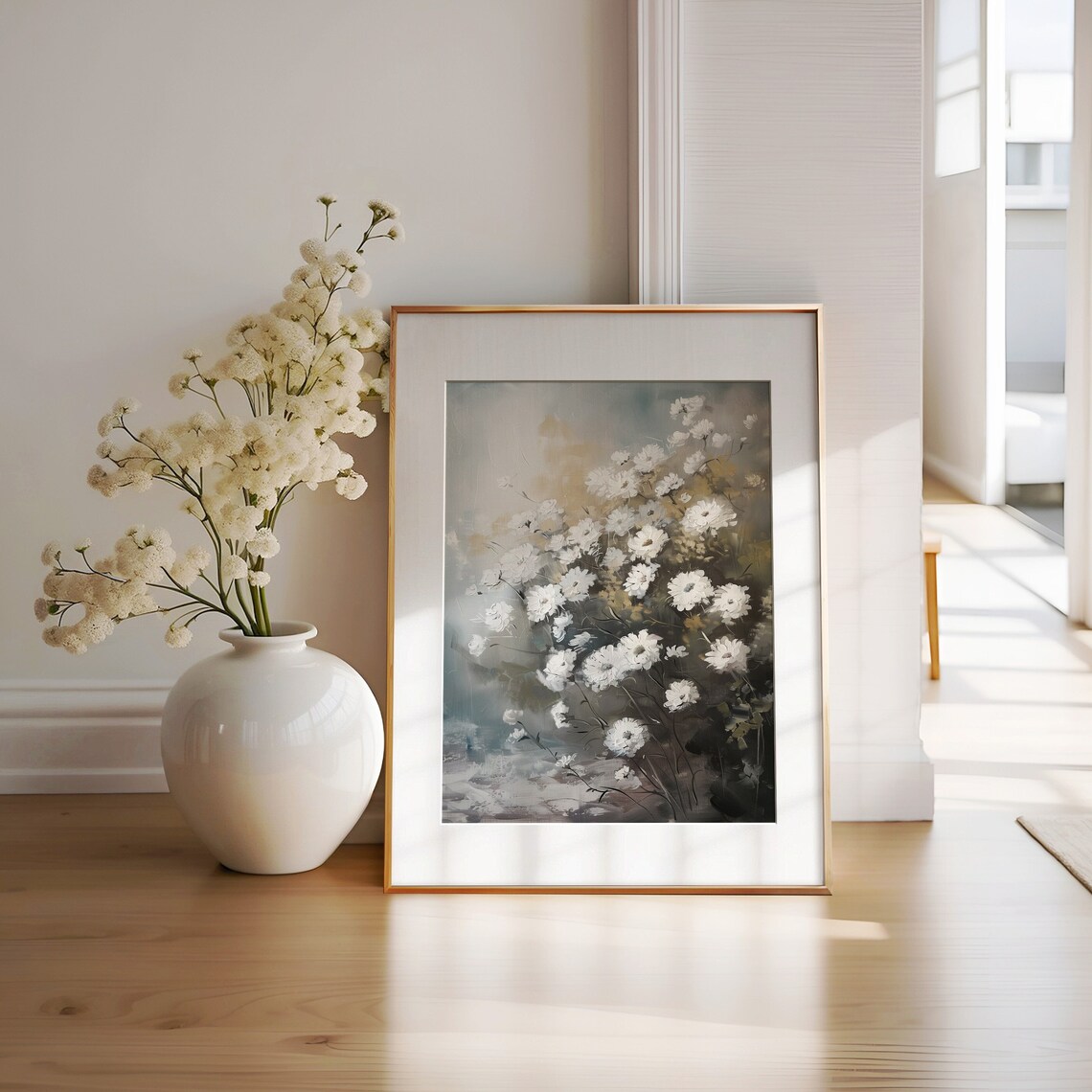White Daisies Soft Gray Floral Oil Painting Elegant Botanical Poster