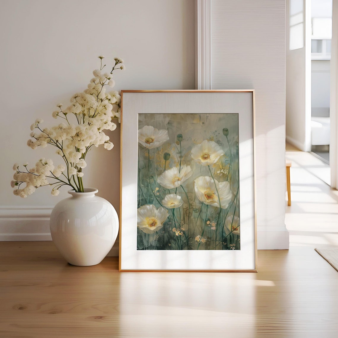 White Poppies Garden Oil Painting Vintage Floral Art Flower Art Poppy Wall Art Botanical Art Art