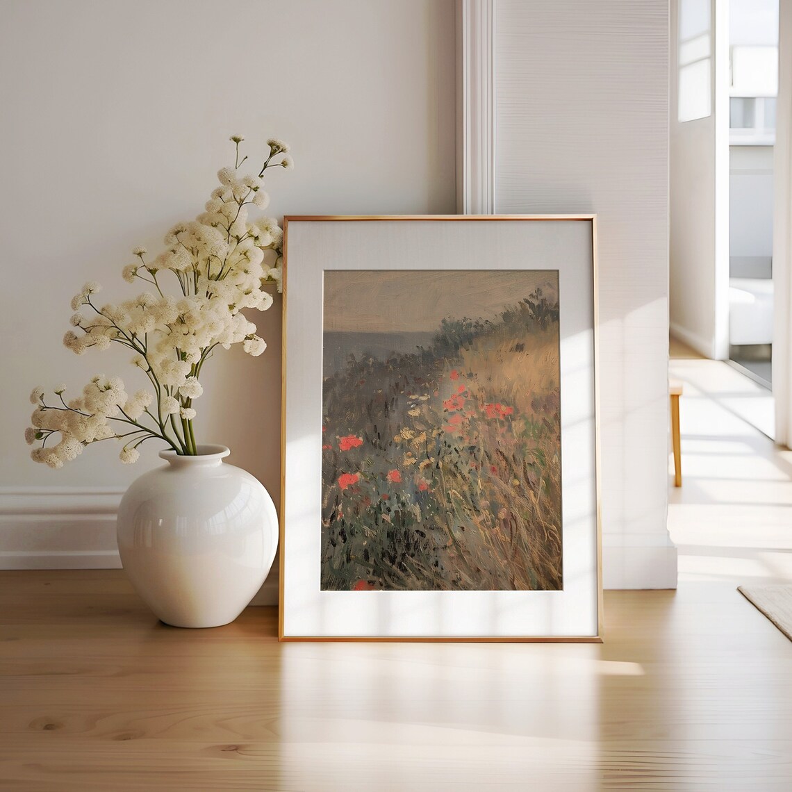 Vintage Moody Wildflower Meadow Seaside Landscape Painting Morning Coastal Floral Art Red Poppies By Sea Art