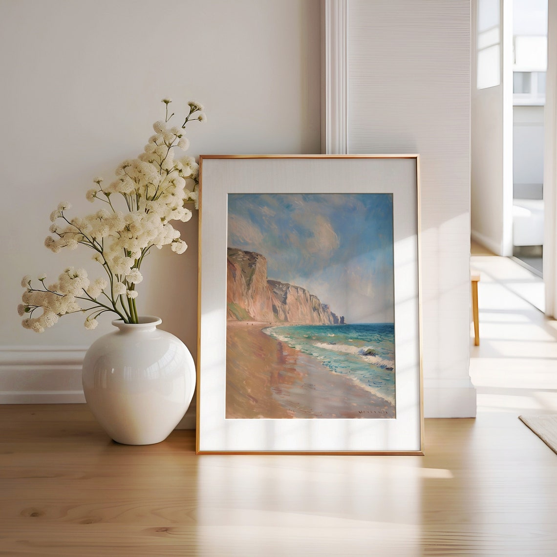 Tall Cliffs Over Turquoise Beach Waves Impressionist Coastal Poster