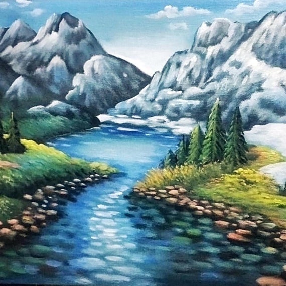 Winter Wonderland Painting Snowy Mountains And Flowing River With A Peaceful Holiday Spirit