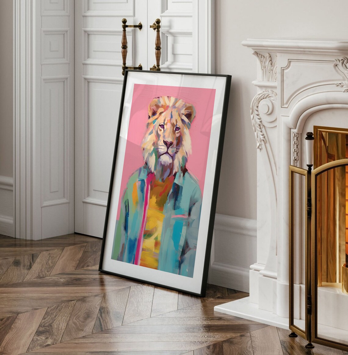 Stylish Lion Wearing Denim Jacket Colorful Pop Art Animal Poster - Image 4
