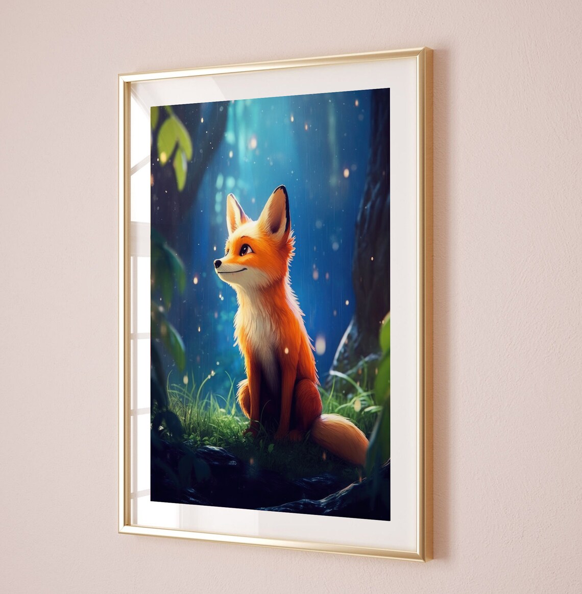 Cute Cartoon Fox in Rainy Moonlit Forest Magical Wildlife Print - Image 4