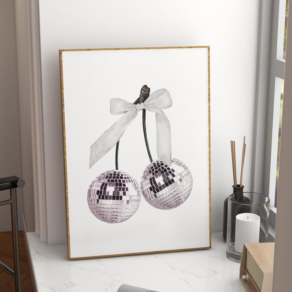 Disco Ball Cherries With White Bow Monochrome Party Art Poster