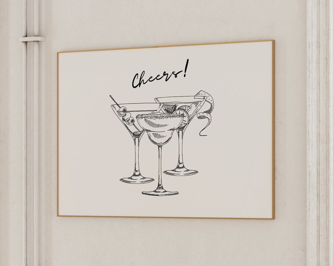 Cheers Martini Glasses Line Drawing Horizontal Cocktail Bar Cart Poster
