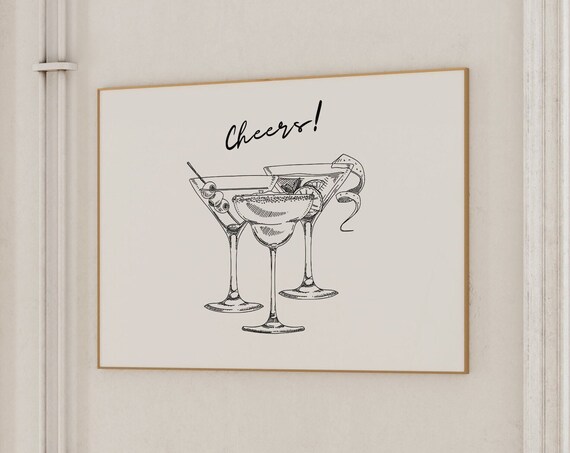 Cheers Martini Glasses Line Drawing Horizontal Cocktail Bar Cart Poster