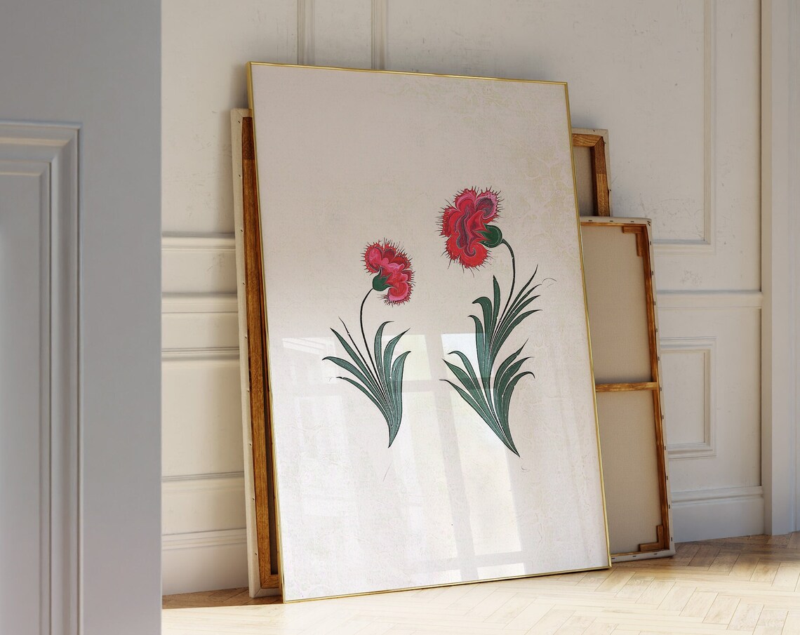 Red Carnation Flowers Ottoman Style Minimalist Botanical Art Poster