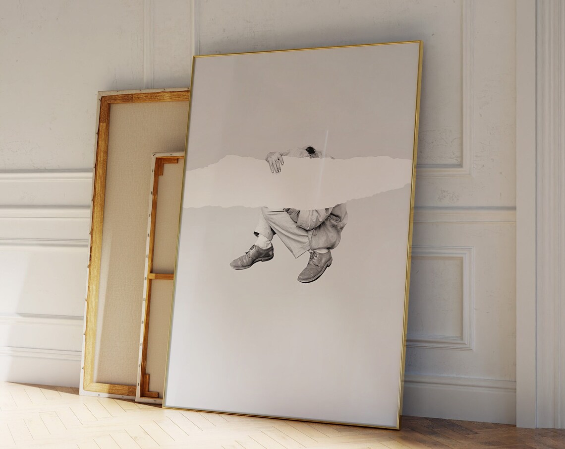 Minimal Surreal Torn Paper Figure Floating Black And White Art Poster