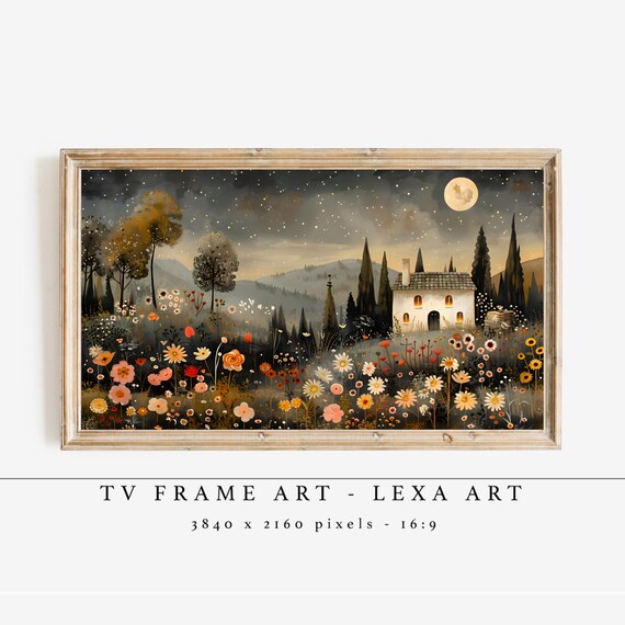 Moonlit Cottage Frame Tv Art Starry Night Landscape Cozy Floral Field Warm Rustic Home Decor