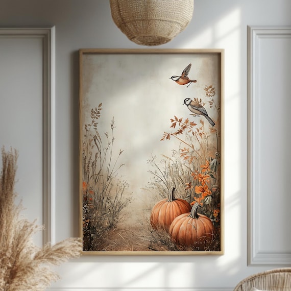 Birds With Pumpkins Wall Art Autumn Farmhouse Poster Rustic Harvest Print Fall Botanical Artwork Vintage Country Home Decor