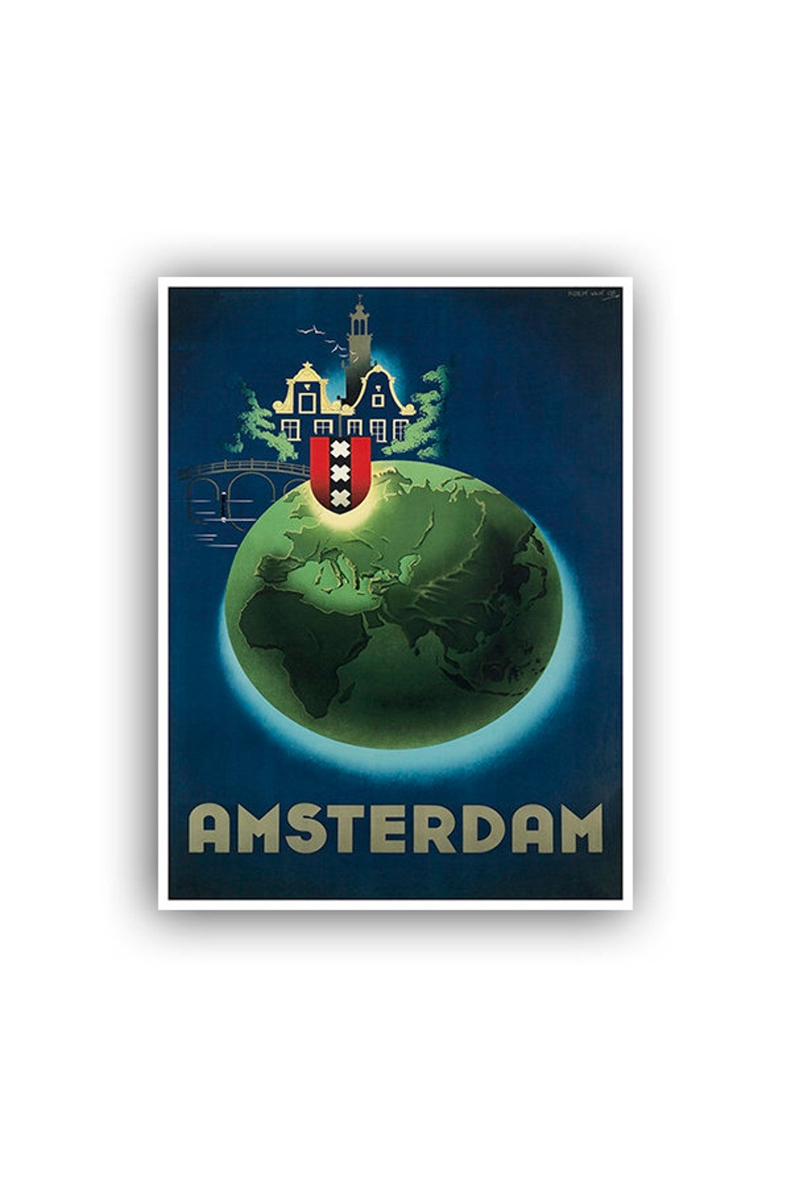 Retro Amsterdam Vintage Dutch Globe Travel Poster Art Deco Decor