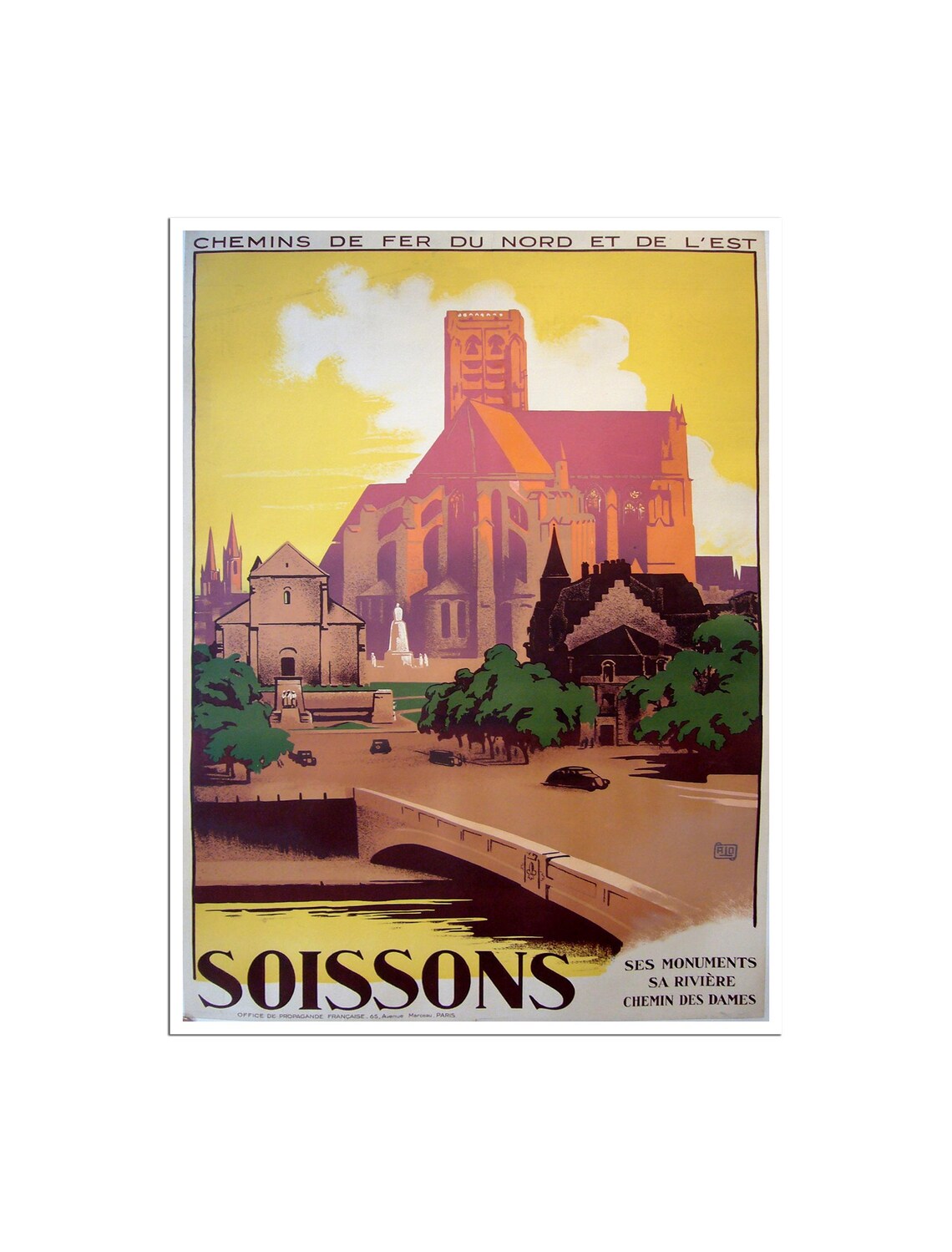 Soissons France Cathedral River Bridge Vintage Railway Poster