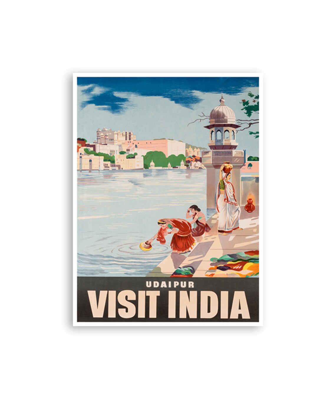 Visit India Udaipur Lake Ghat Women Vintage Indian Travel Poster