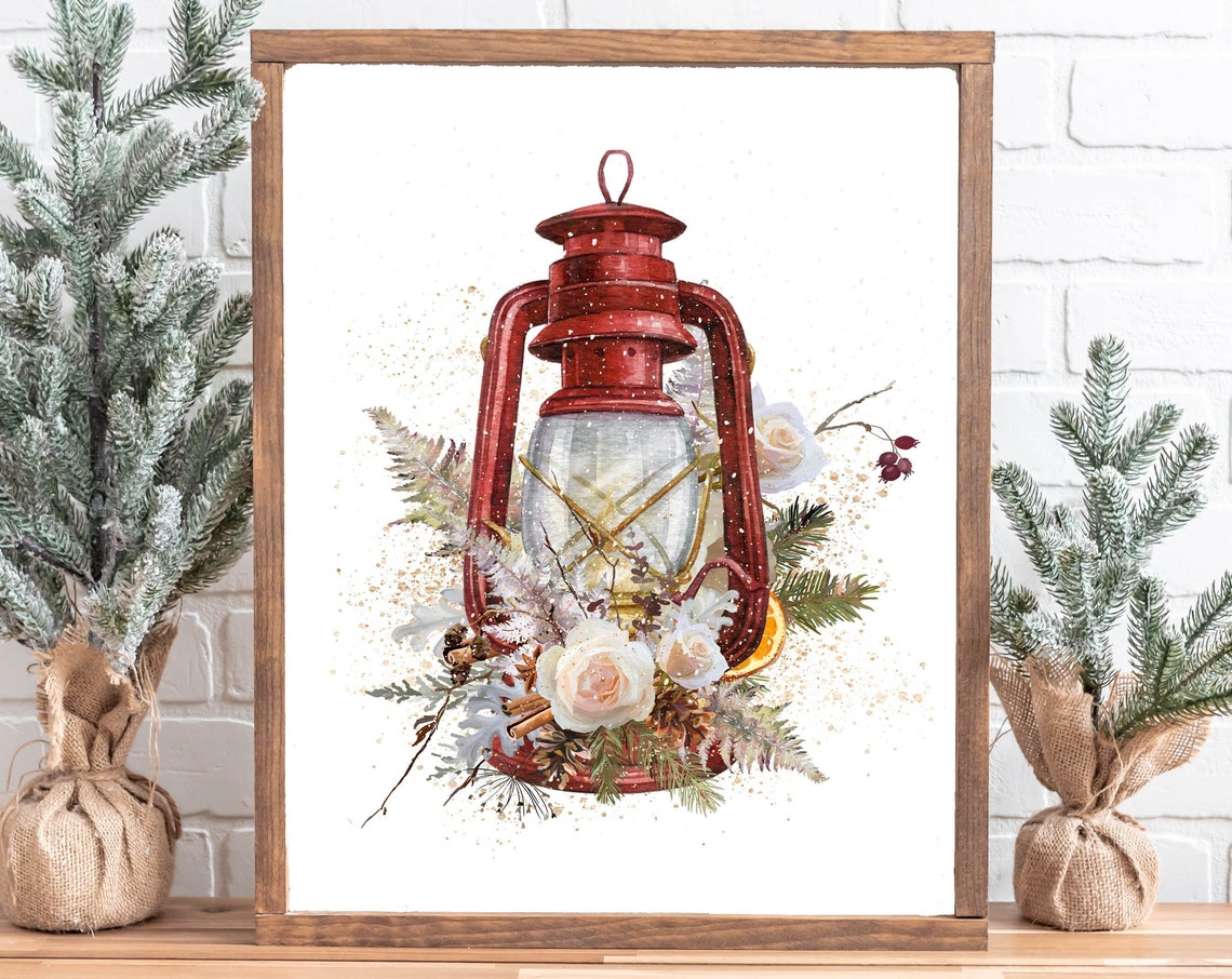 Red Lantern With White Roses Pinecones Rustic Winter Floral Poster