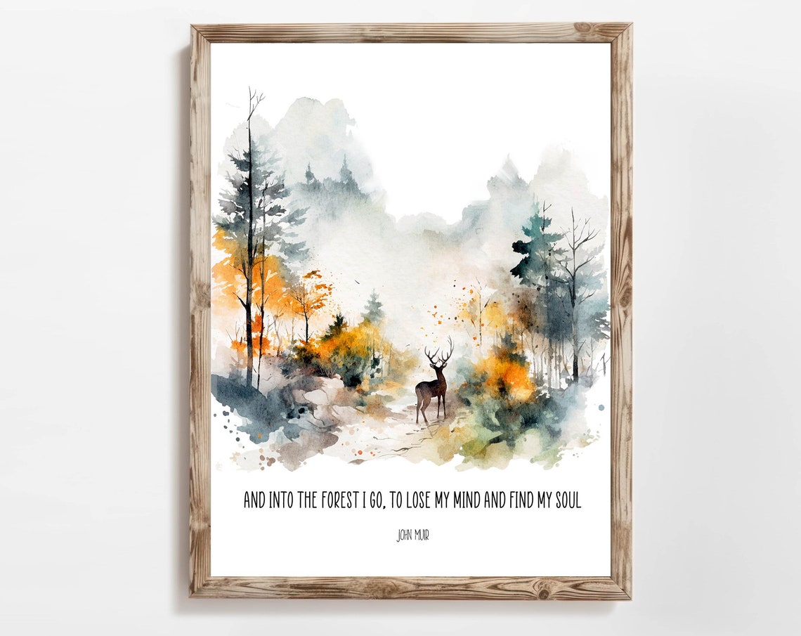 And Into The Forest I Go John Muir Quote Watercolor Deer Woods Poster