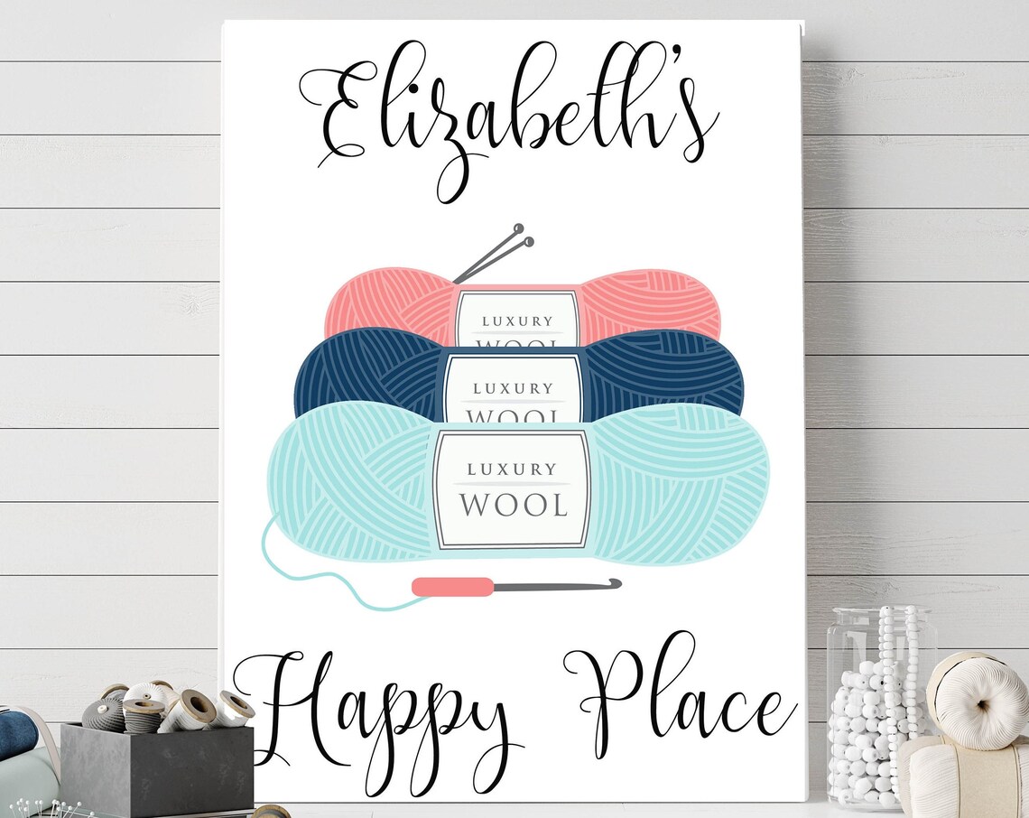 Personalized Yarn Skein Happy Place Knitting Craft Room Sign Wall Art