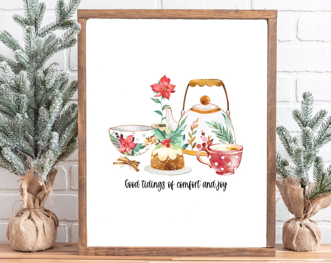 Good Tidings Of Comfort And Joy Christmas Tea Set Watercolor Poster